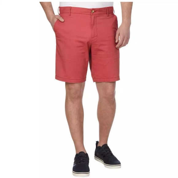 Izod Men's Coral and Cream Flat Front Shorts - Picture 2 of 7